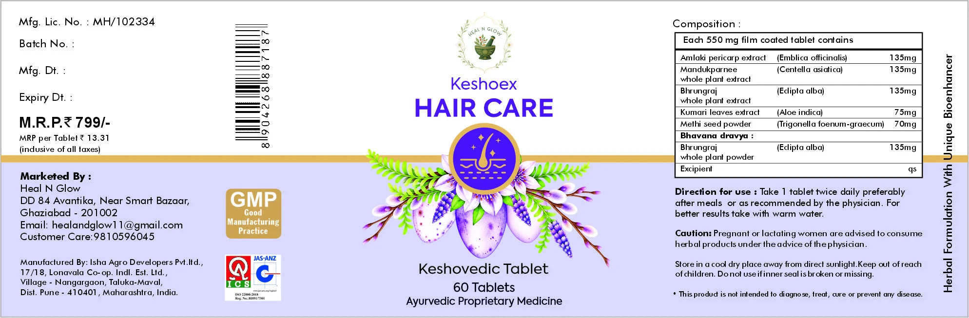 Full label of Keshoex, showing composition and directions